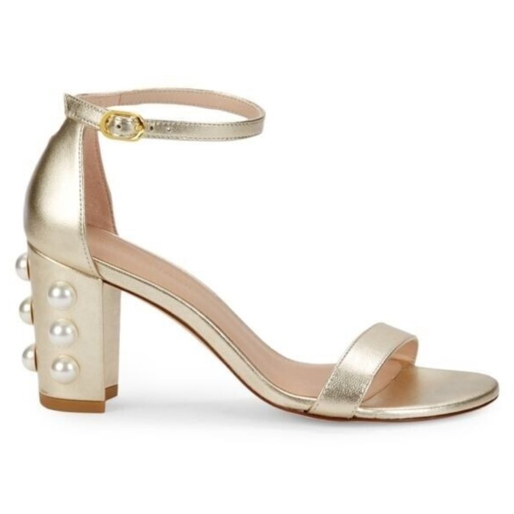 $500 Stuart Weitzman Nearlynude Pearl-Embellished Leather Sandals Gold 7 (Db3)